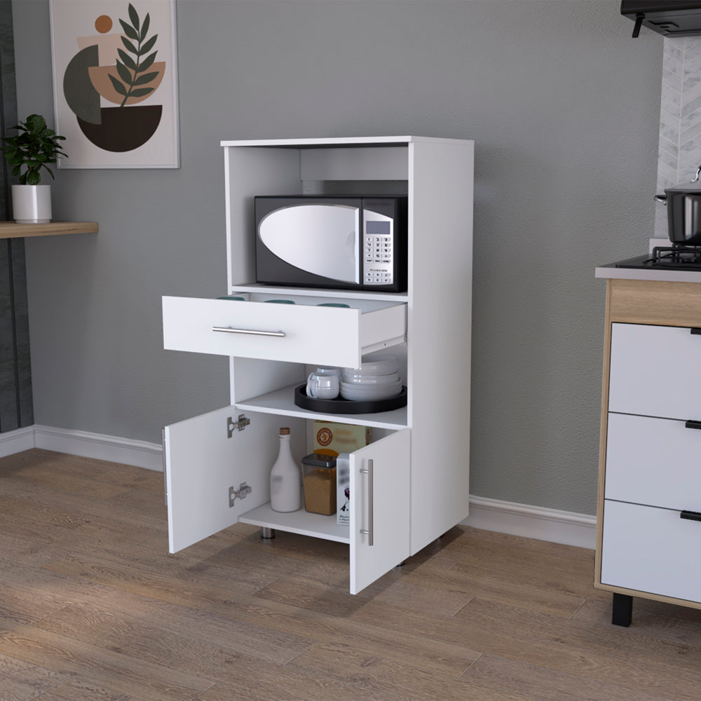White kitchen microwave stand with open cabinet doors drawer and shelves holding appliances and cookware