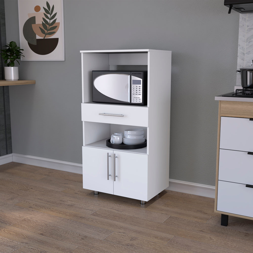 White microwave oven stand with storage cabinet and drawer