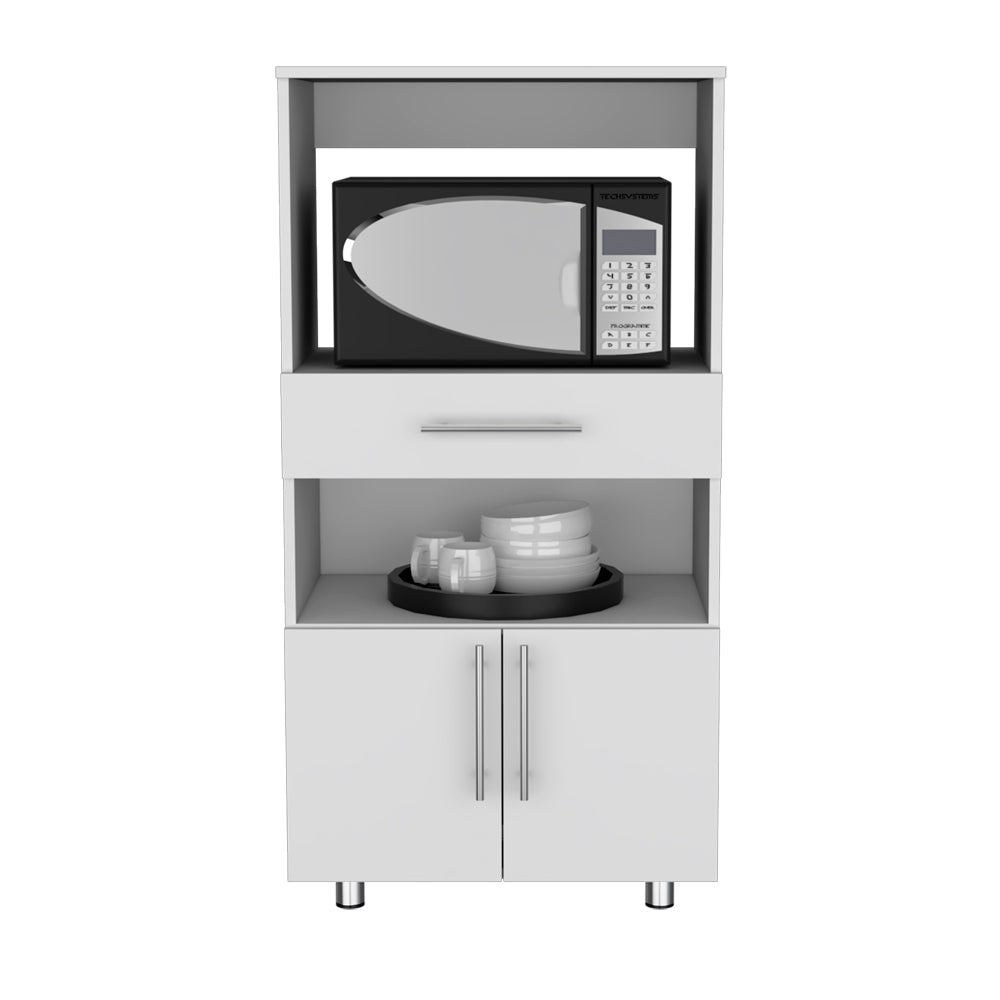 White kitchen microwave cart with storage drawer and cabinet