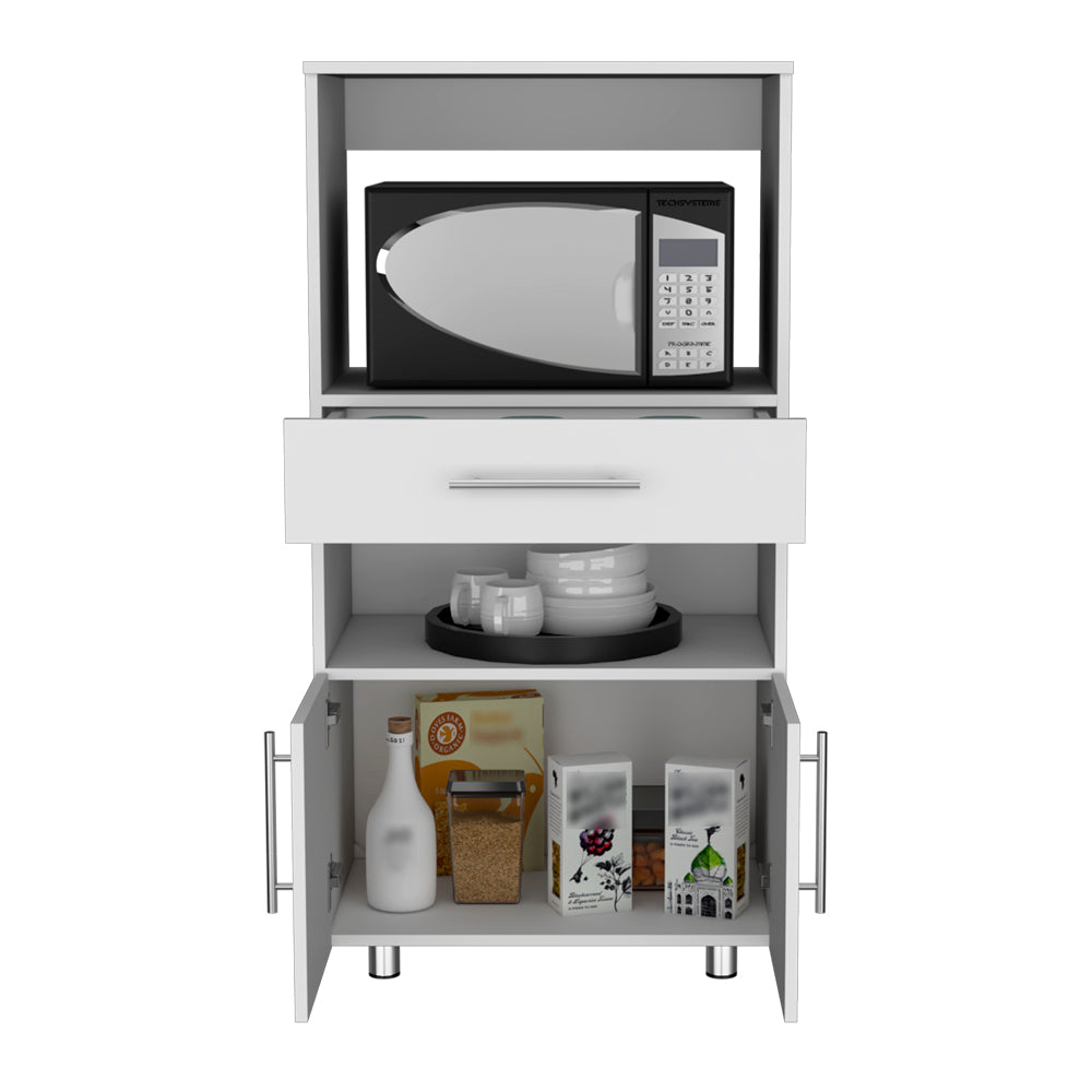 White kitchen cabinet with microwave drawer open shelves and storage doors