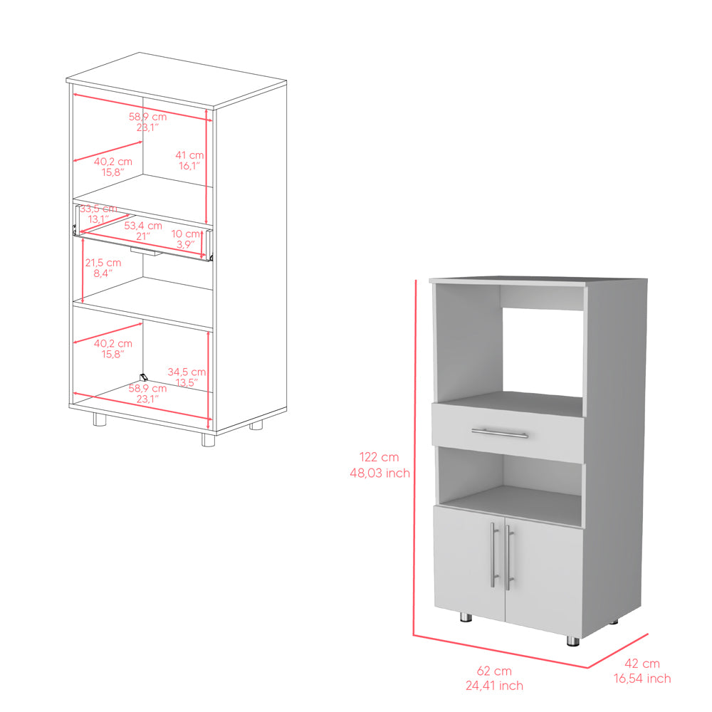 White modern kitchen cabinet with open shelf drawer and twodoor base compartment