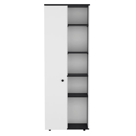 Modern white tall cabinet with open shelving featuring a black accent frame
