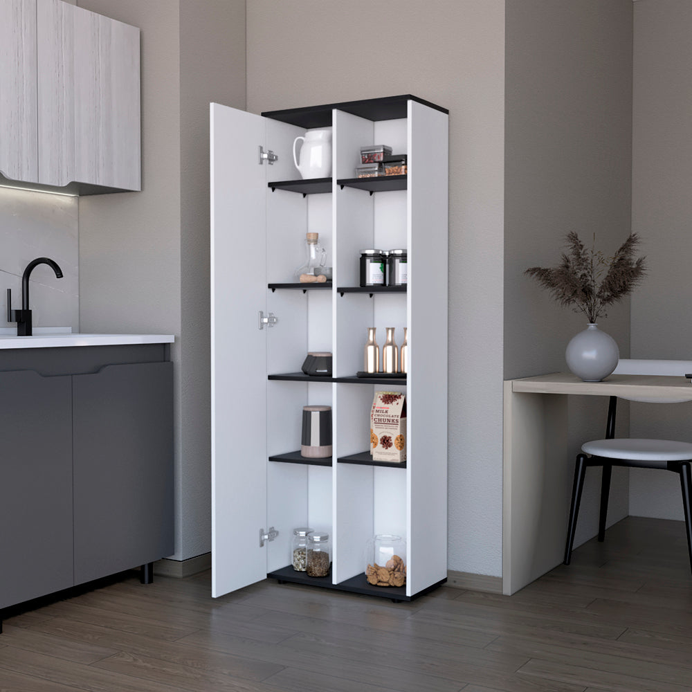 White and black tall kitchen pantry cabinet with open doors displaying jars and boxes