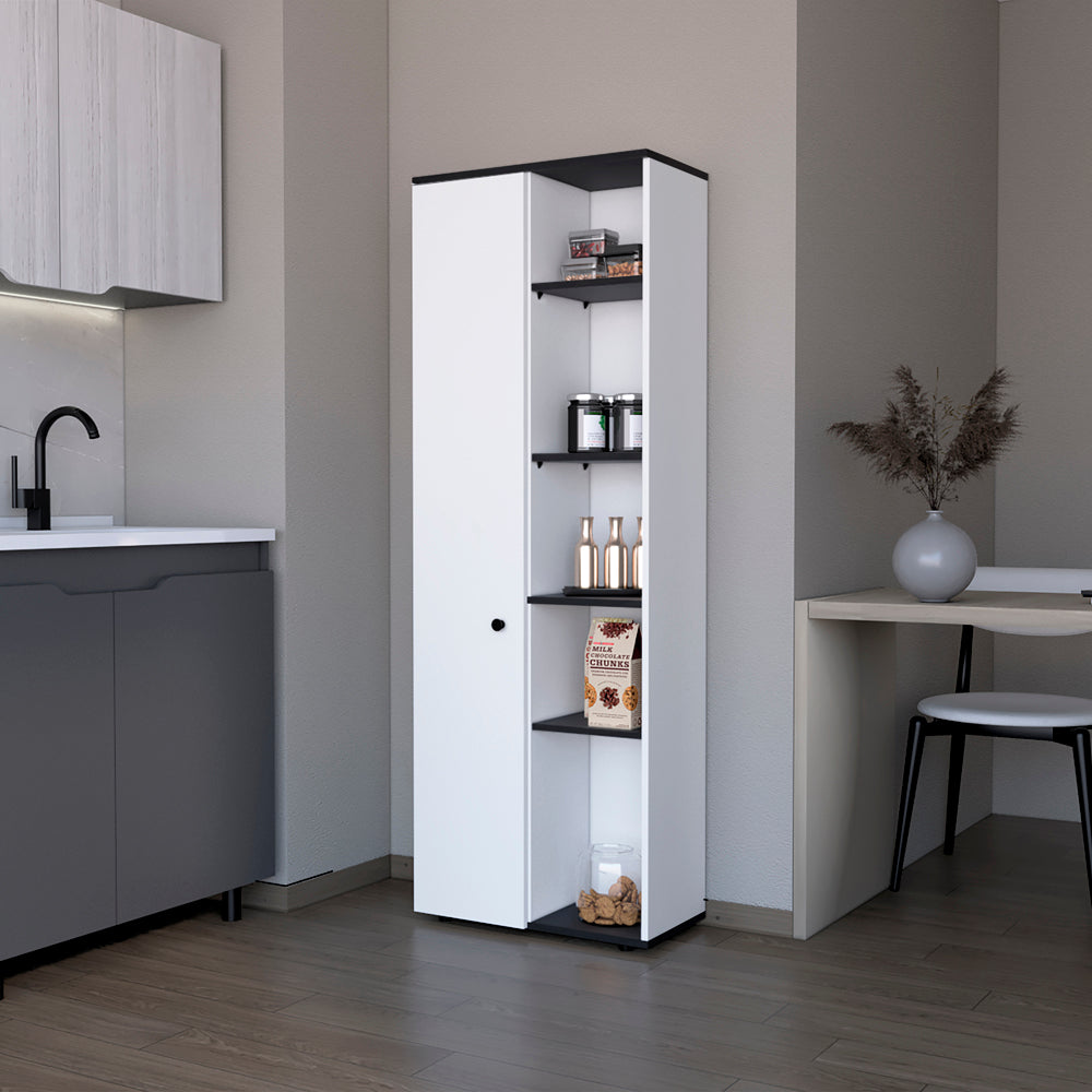 Tall white pantry cabinet with black accents perfect for kitchen storage
