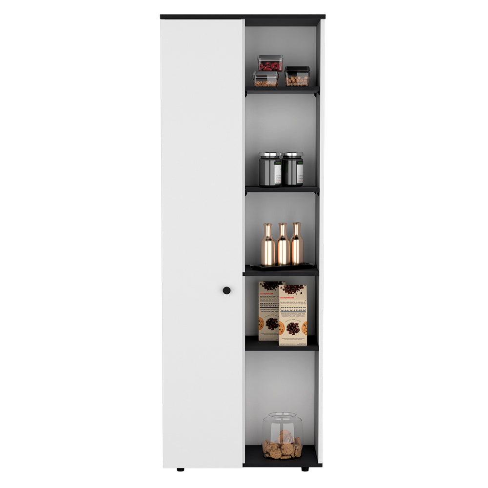 Tall white kitchen pantry cabinet with open shelving displaying jars and snacks