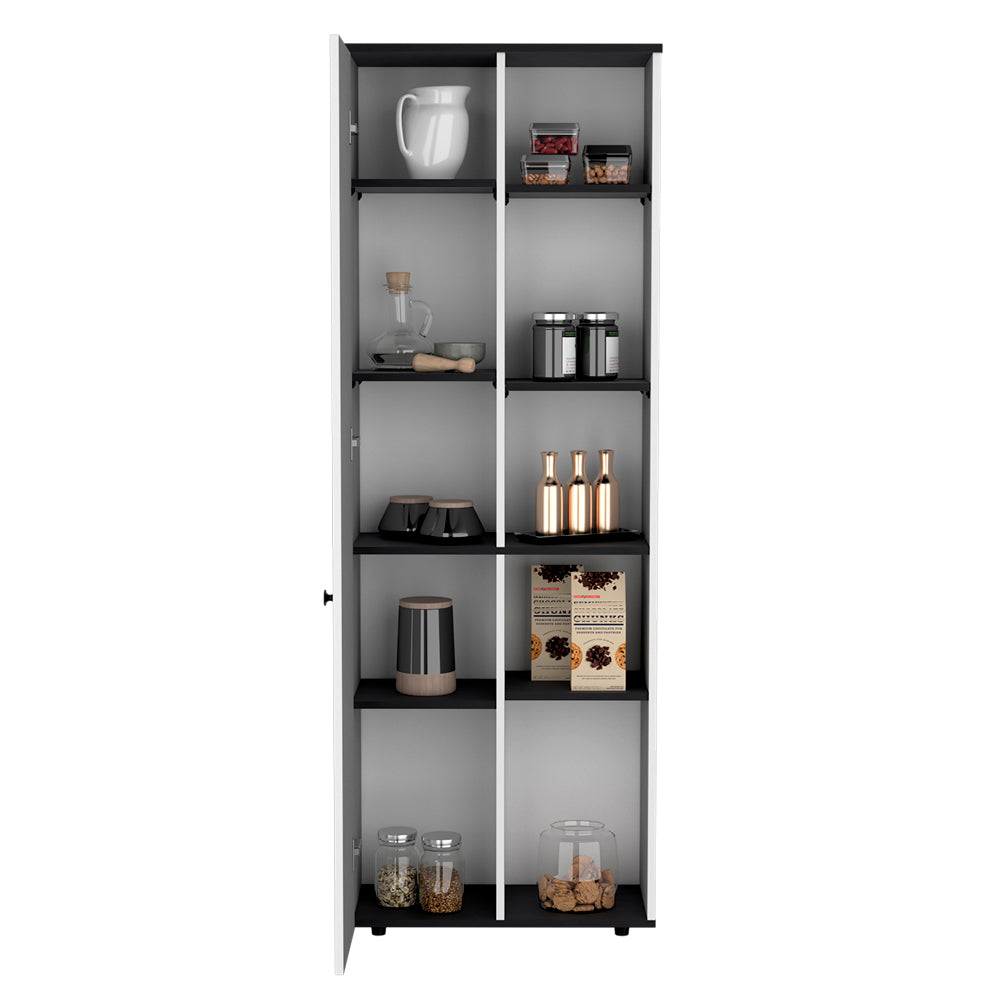 Modern black and white kitchen pantry cabinet with open shelving