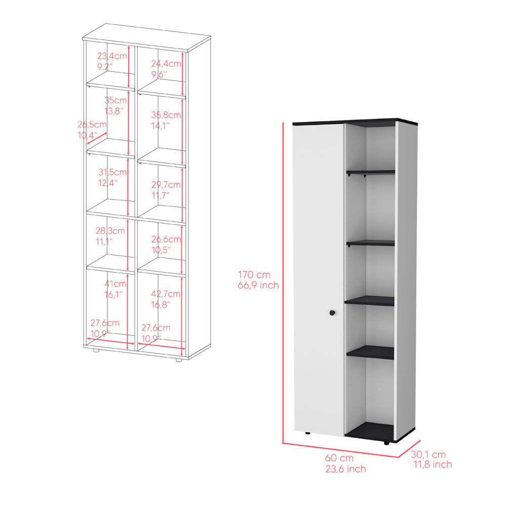 Tall white storage cabinet with black accents and adjustable shelves