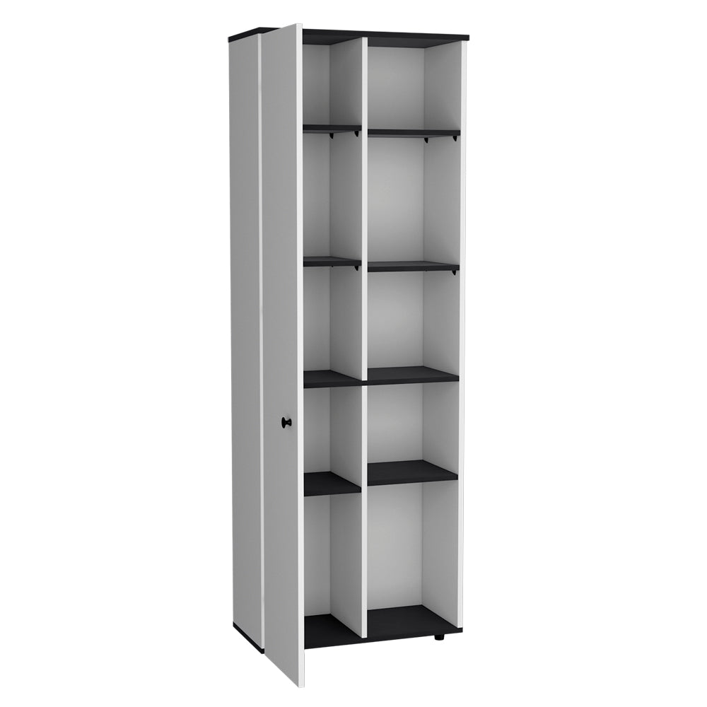 Tall white and black shelving unit with open compartments and a single door