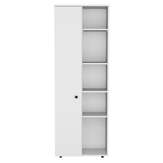 White tall storage cabinet with a single door and five open shelves ideal for home organization