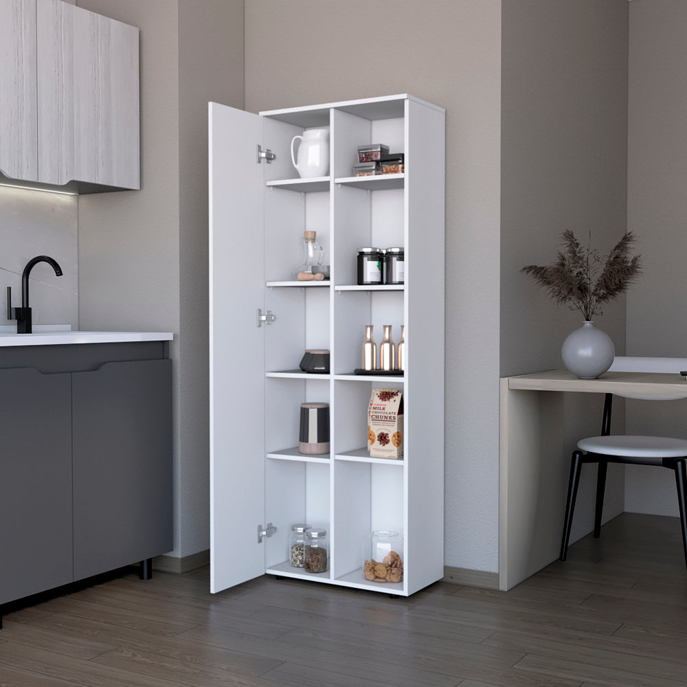 Tall white pantry cabinet with open doors revealing shelves stocked with kitchen items