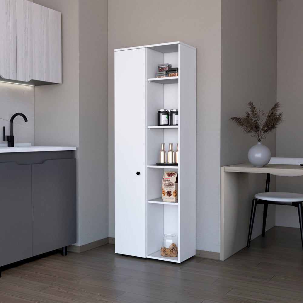 Tall white pantry cabinet with open shelves displaying jars and snacks