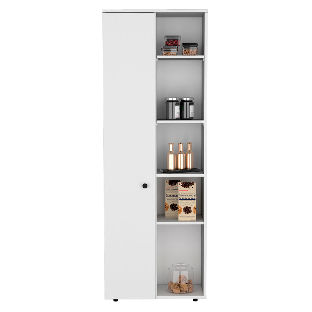 White tall pantry cabinet with adjustable shelves and a closed door for kitchen storage