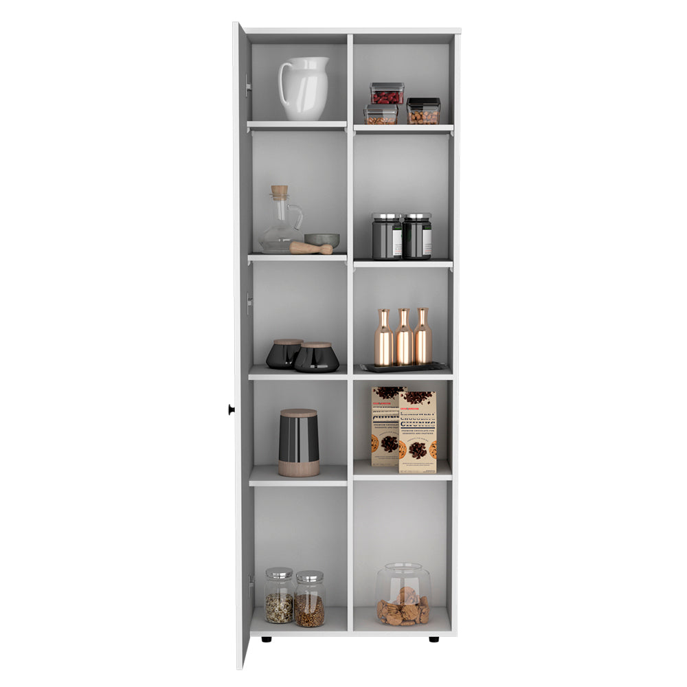 White pantry cabinet with clear glass jars and canisters on shelves