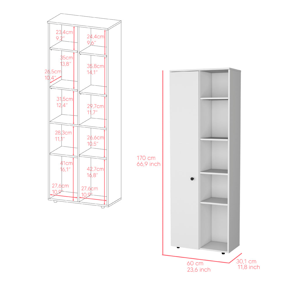 White tall narrow storage cabinet with two doors and adjustable shelves