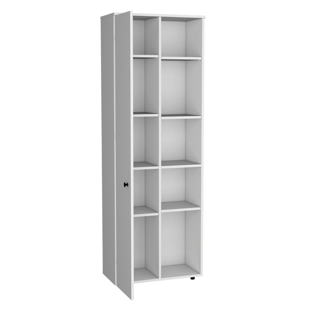 Tall white storage cabinet with open shelves and a single door perfect for home organization