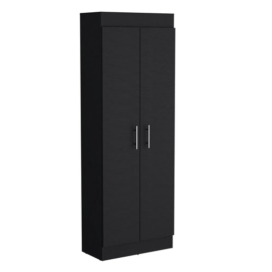 Tall black cabinet with two doors and silver handles perfect for storage