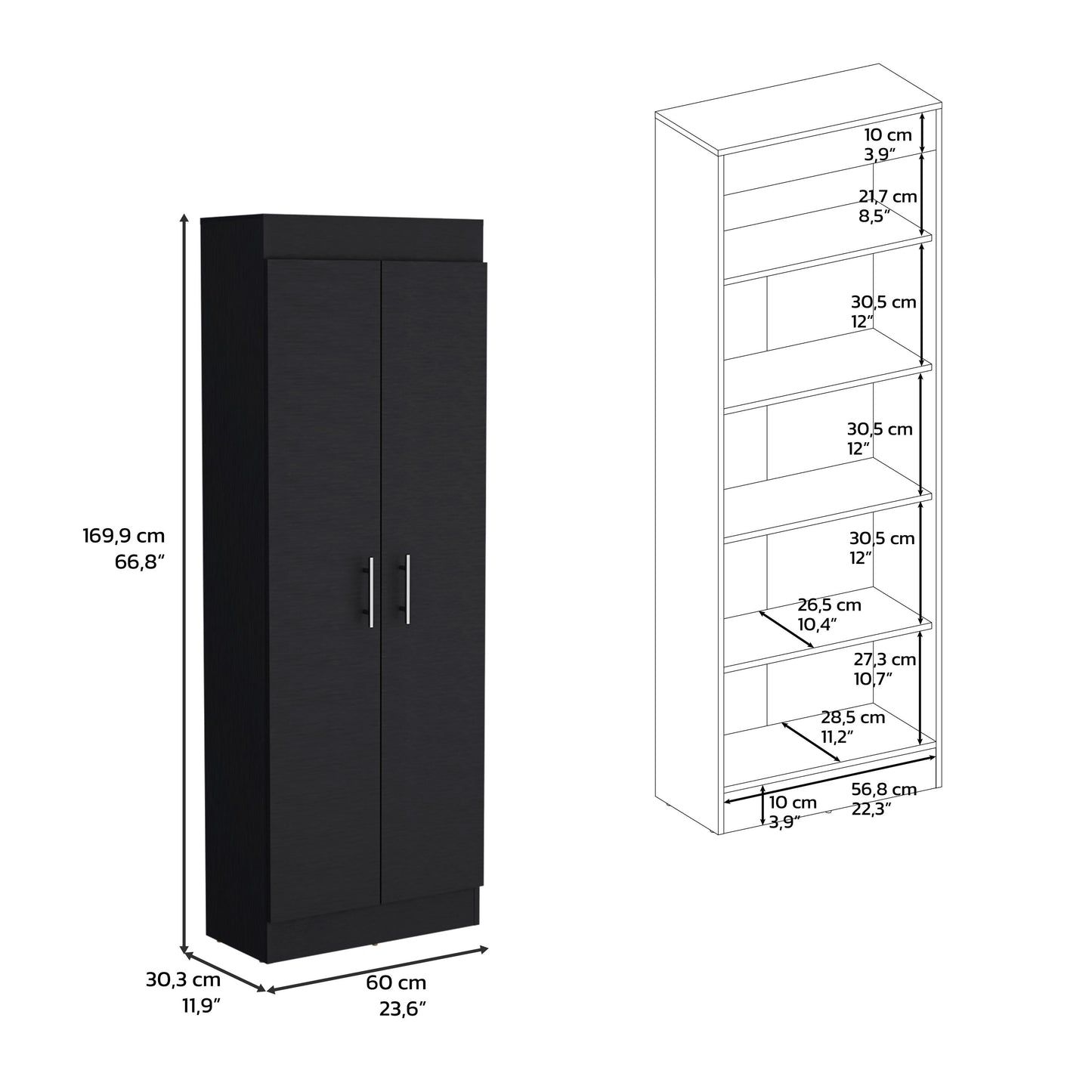Black twodoor tall closet with silver handles cm height suitable for bedrooms
