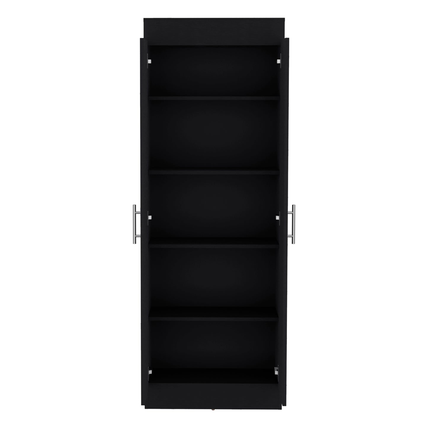 Sleek black tall storage cabinet with open doors and five adjustable shelves for organized home display