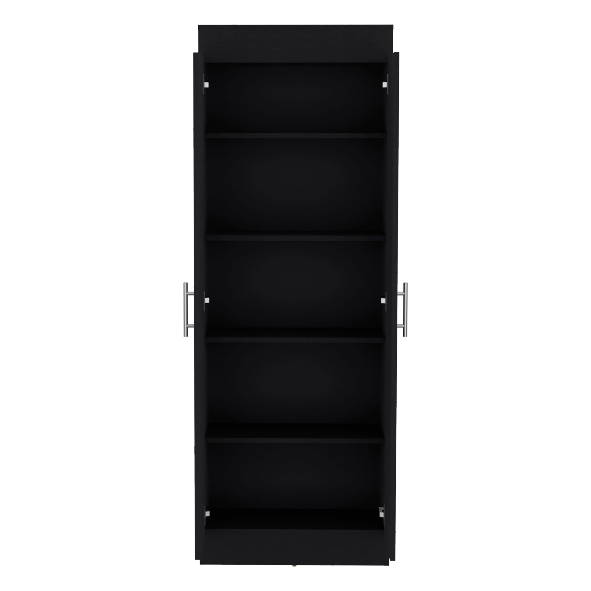 Sleek black tall storage cabinet with open doors and five adjustable shelves for organized home display
