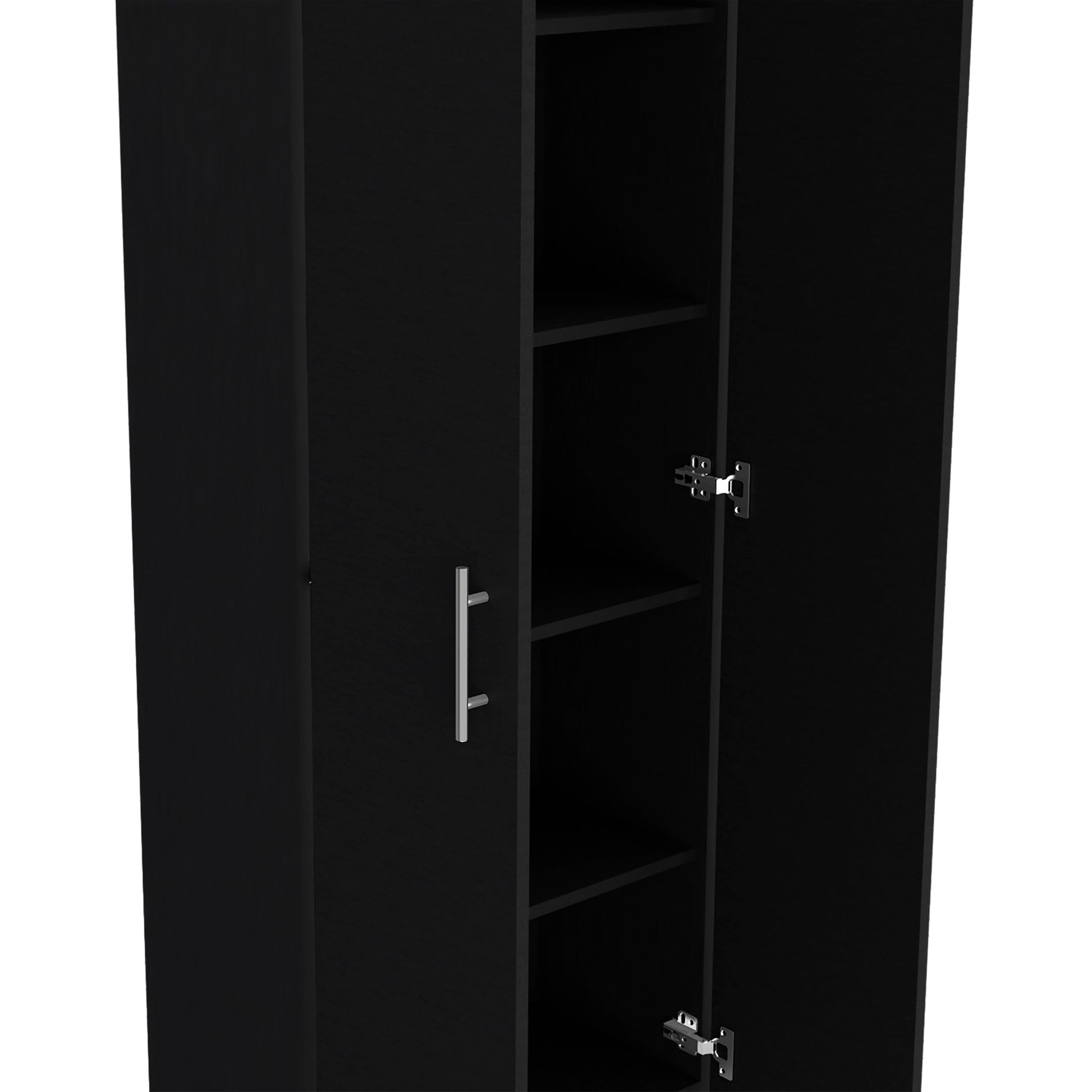 Black narrow storage cabinet with silver handle and open doors revealing shelves