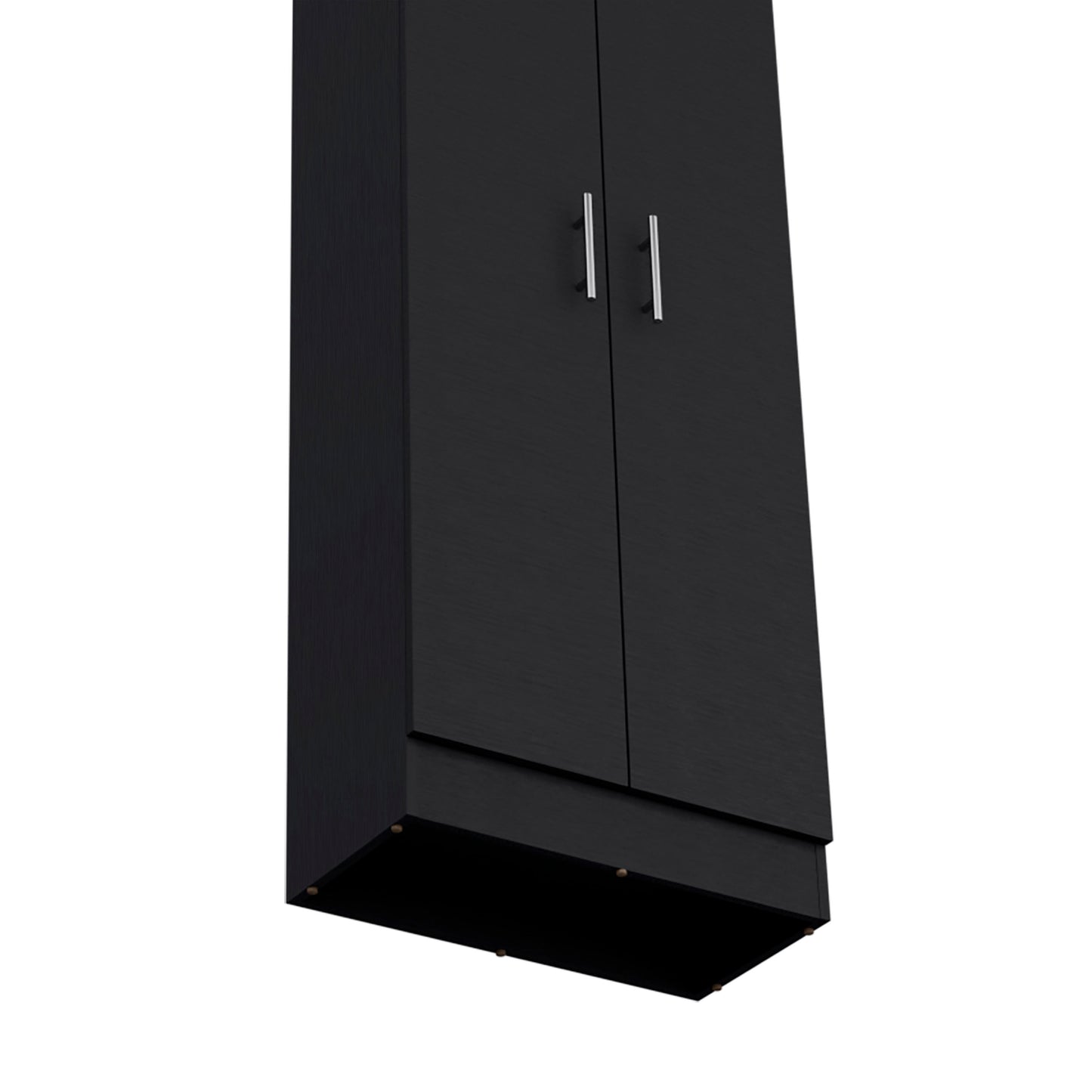 Modern black tall cabinet with two doors and silver handles for storage
