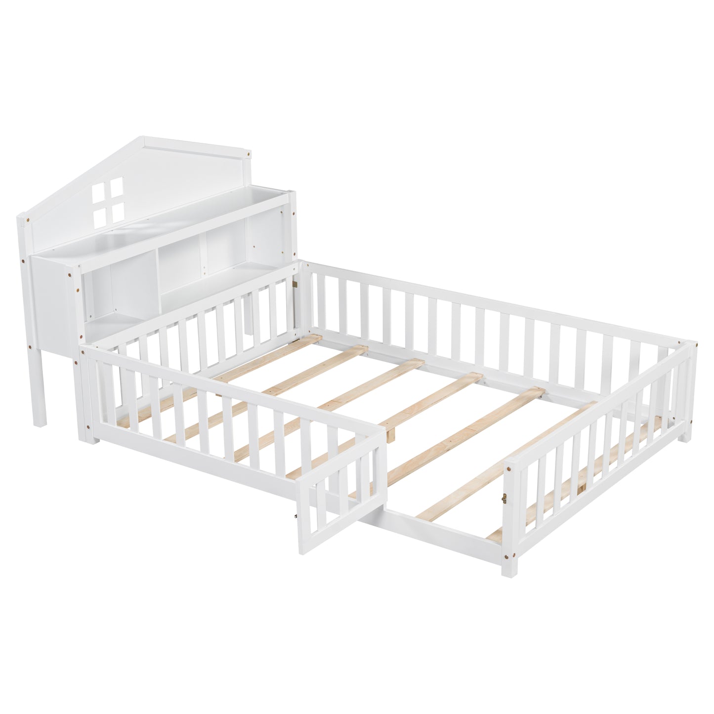 White wooden toddler bed with rails and integrated bookshelf headboard