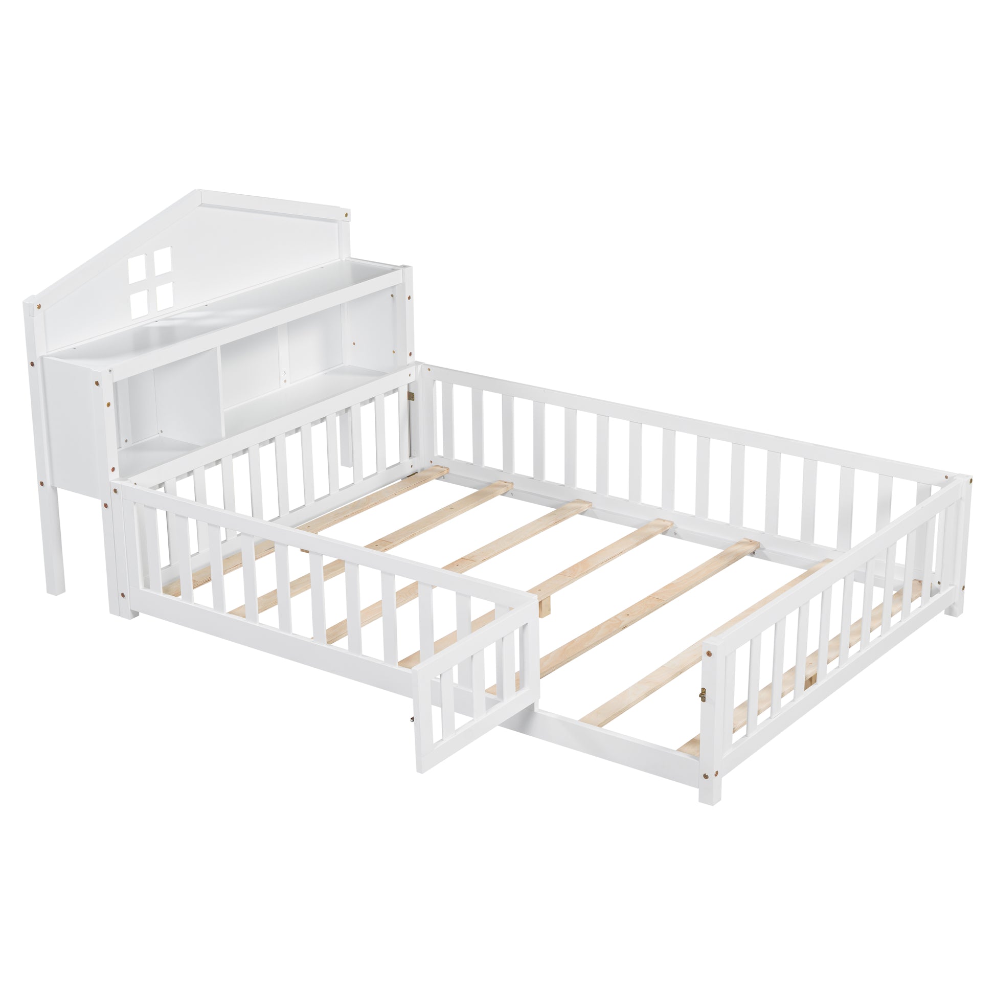 White wooden toddler bed with rails and integrated bookshelf headboard
