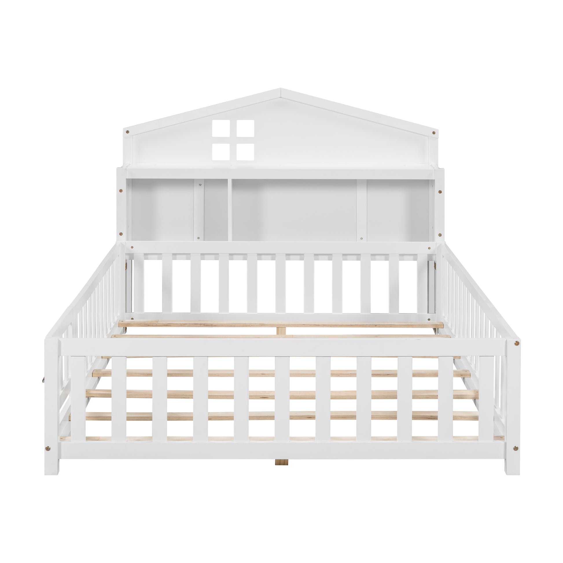 White wooden house bed frame with slatted base and builtin shelf