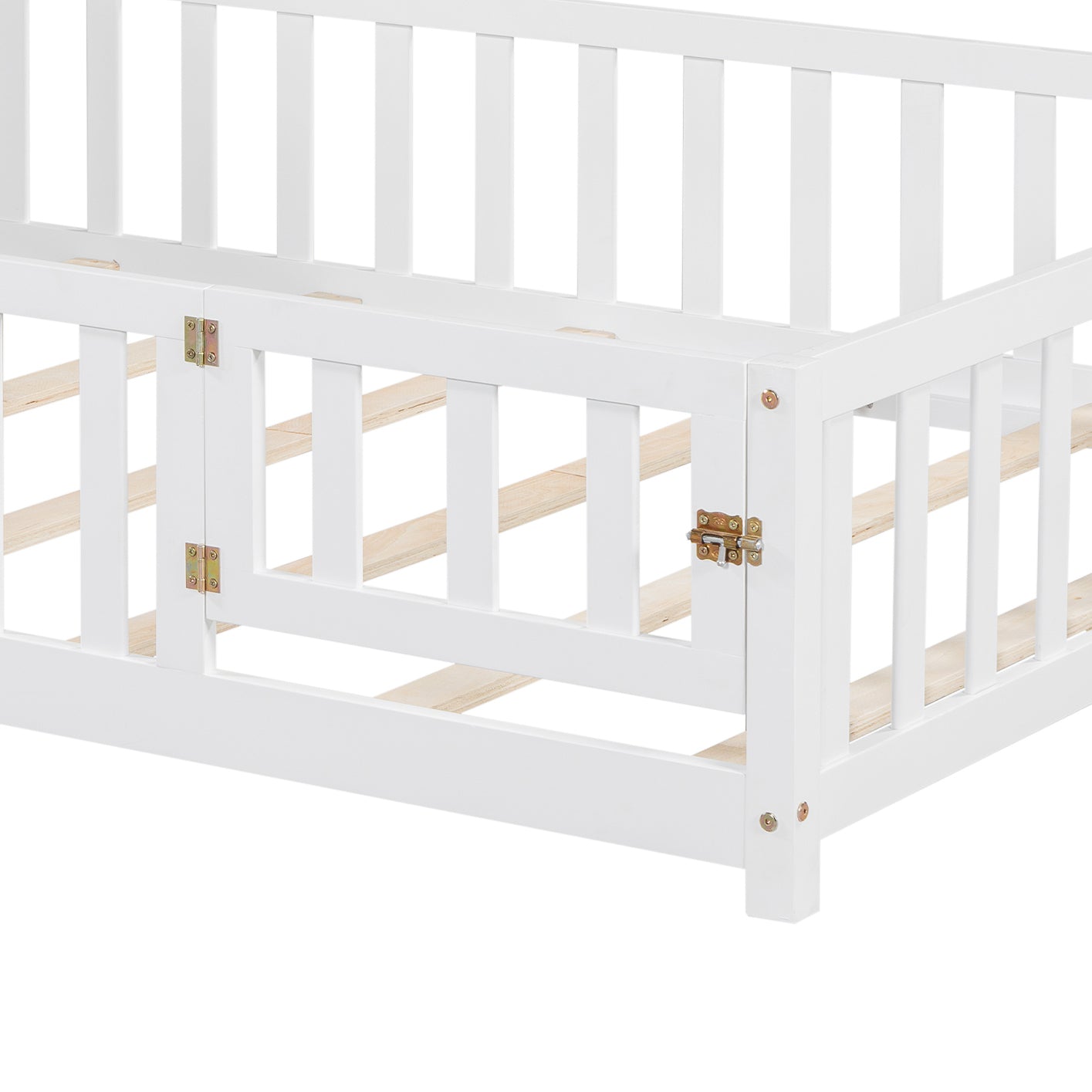 White wooden crib rail with hinged gate and brass latch