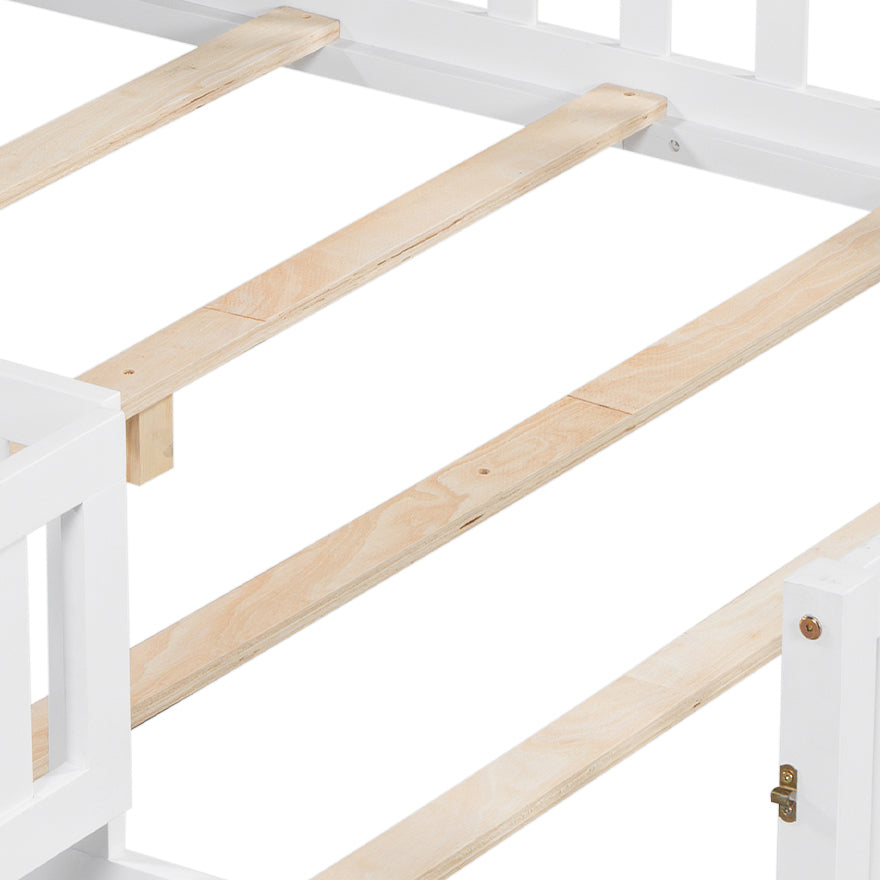Close up of white bed frame with wooden slats for mattress support