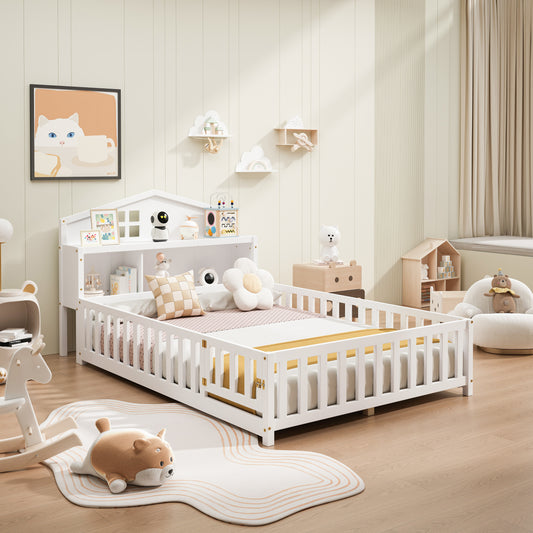 White wooden toddler bed with houseshaped headboard and safety rails