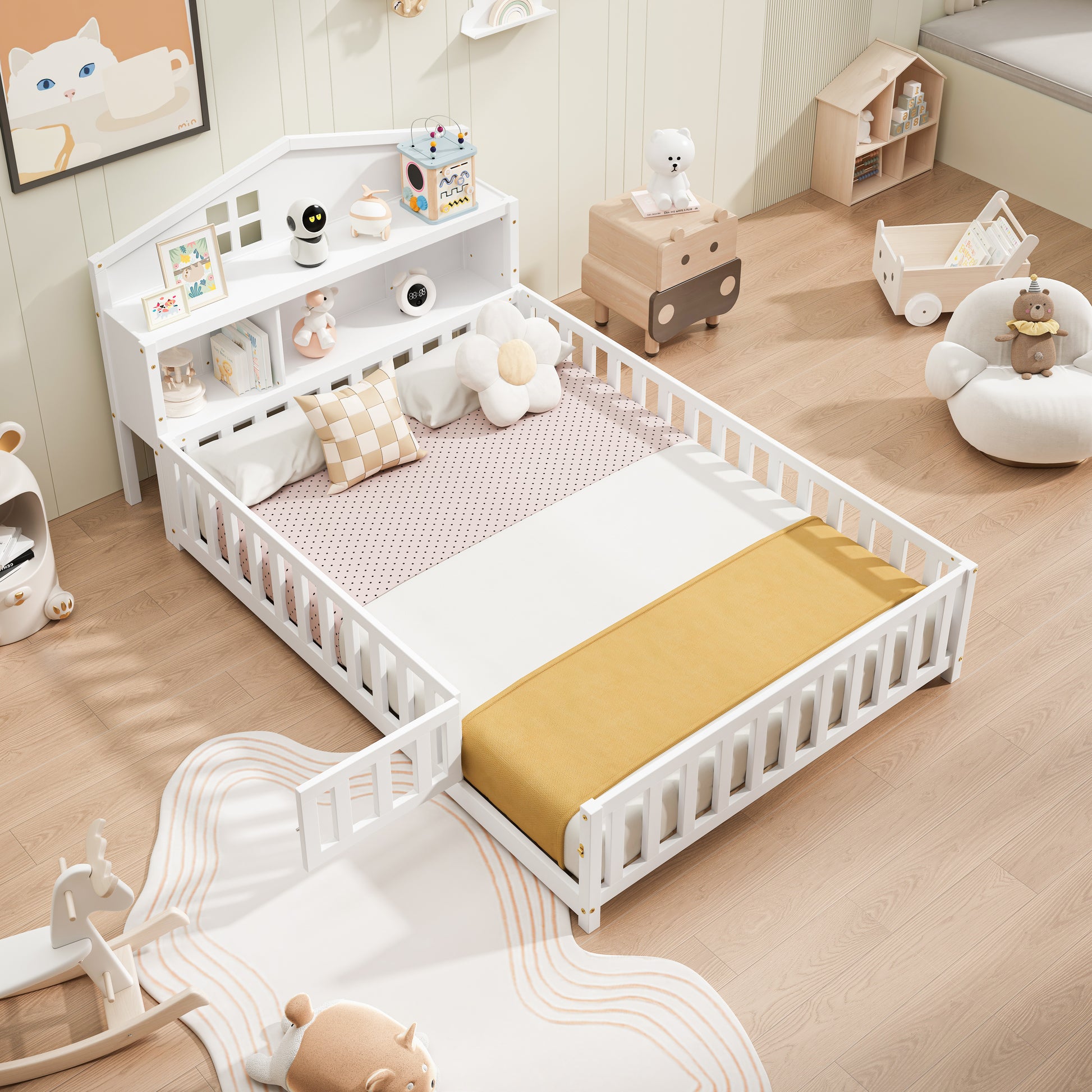 White wooden toddler bed with playful houseshaped headboard and attached shelving