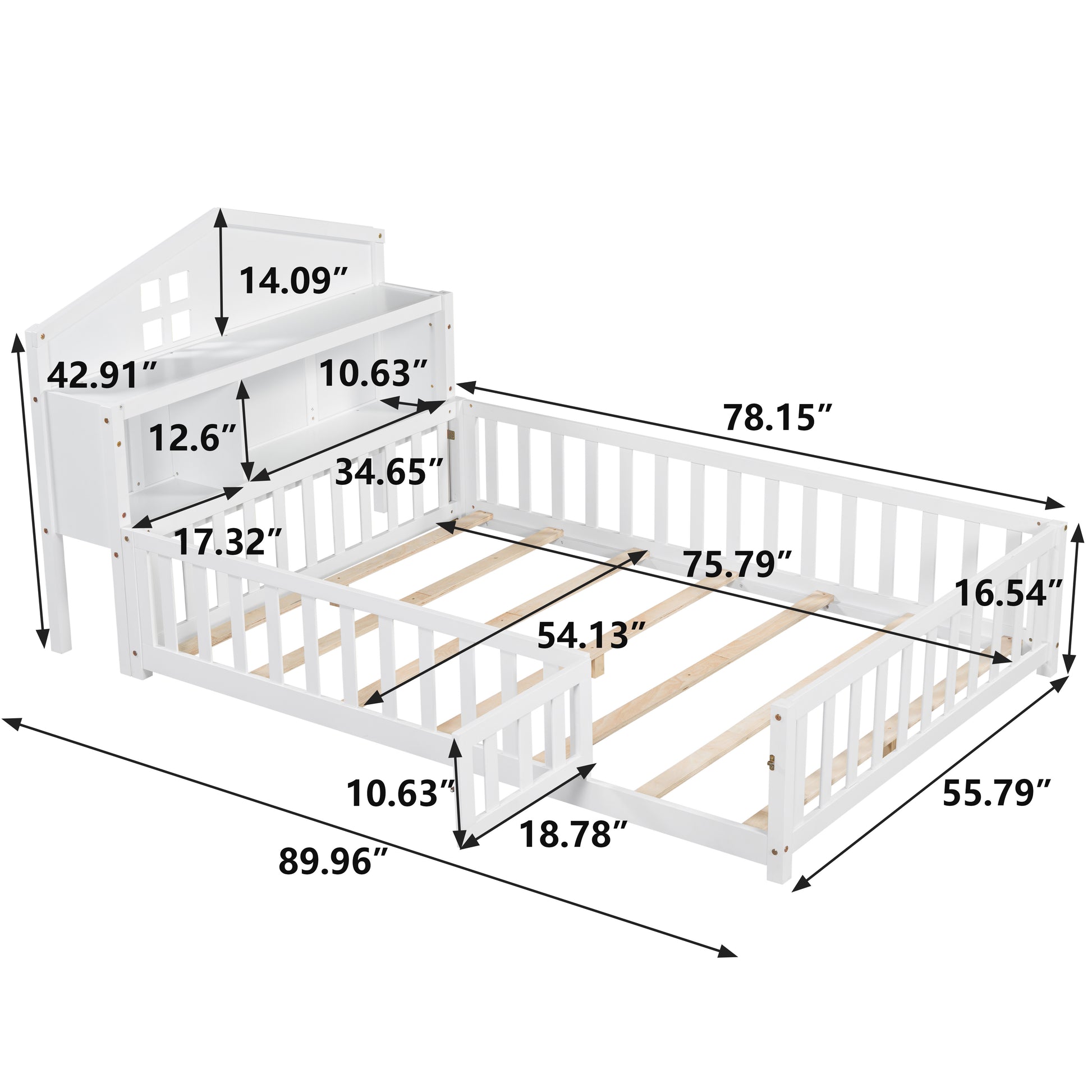 White wooden twin bed with builtin bookshelf and guardrails for children