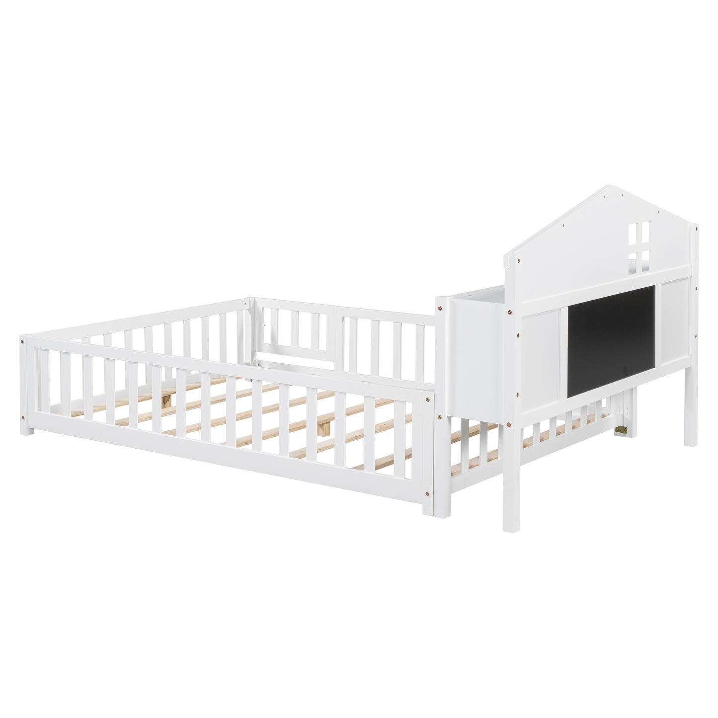 White wooden toddler bed with railings and houseshaped headboard with chalkboard
