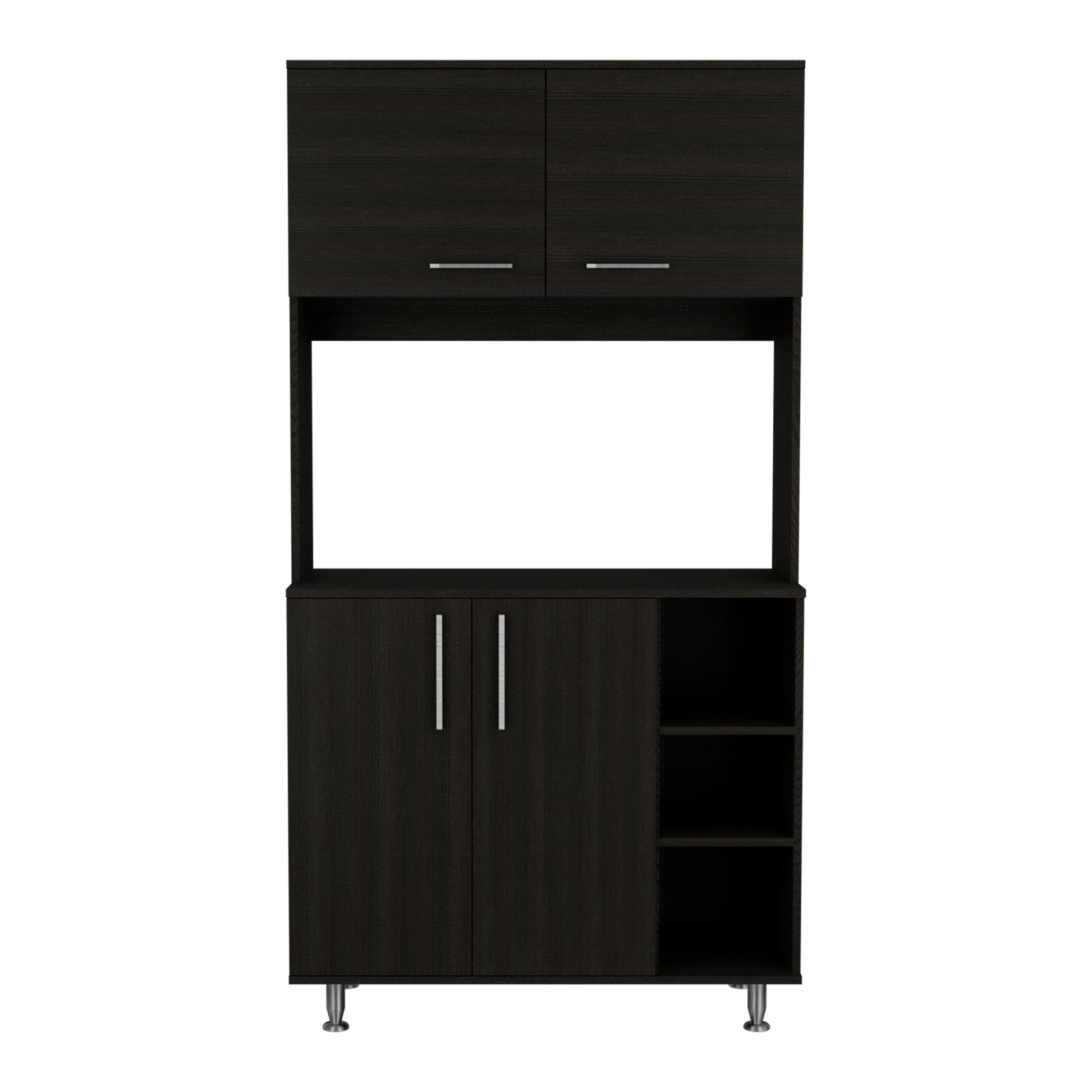 Dark wood kitchen hutch with two upper cabinets and a central open shelf area