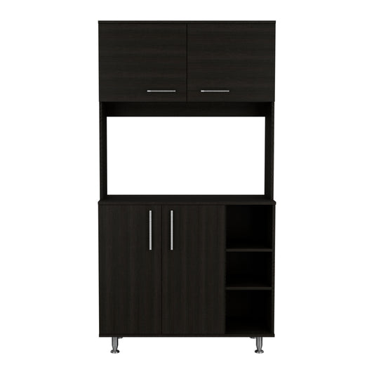 Dark wood kitchen hutch with two upper cabinets and a central open shelf area