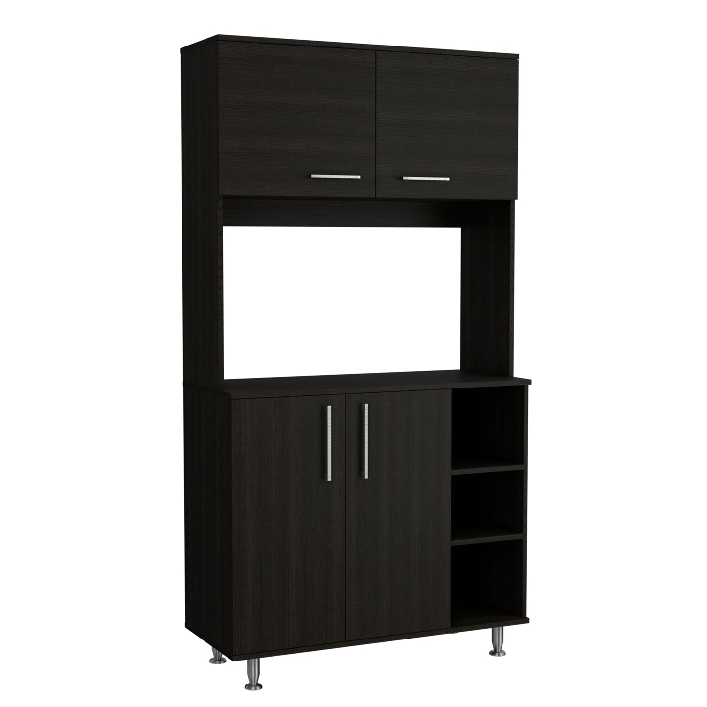 Dark wood kitchen cabinet with open shelving and double doors for storage