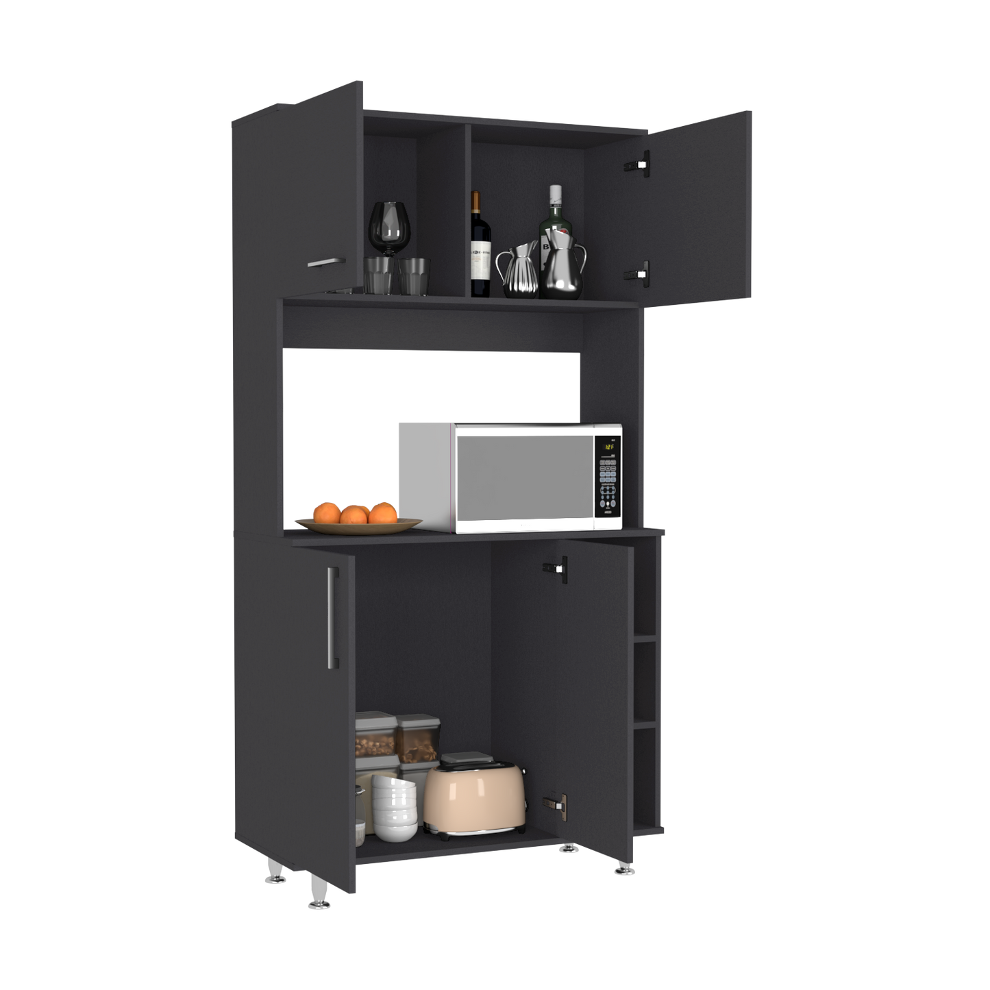 Dark gray kitchen cabinet with microwave and storage space