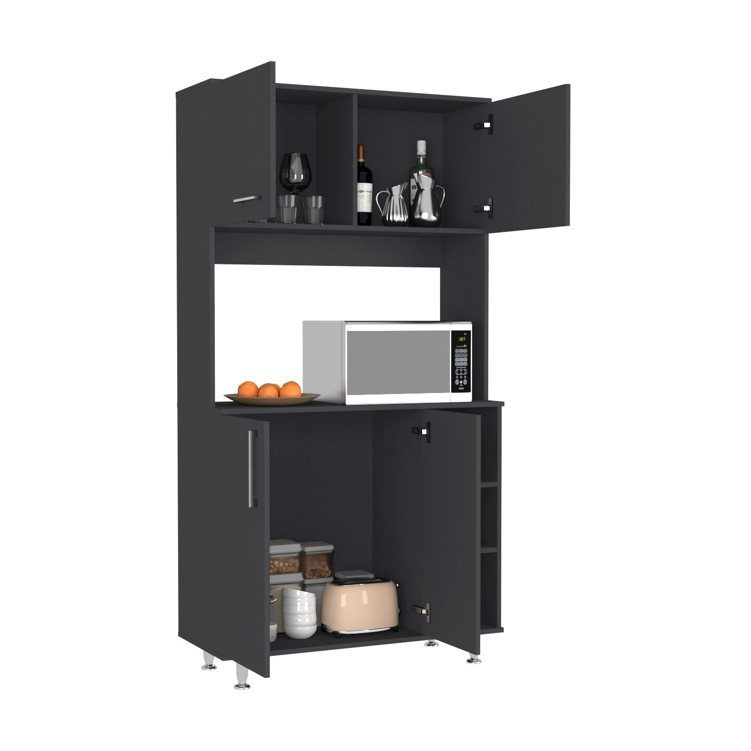 Dark gray kitchen cabinet with microwave and storage space