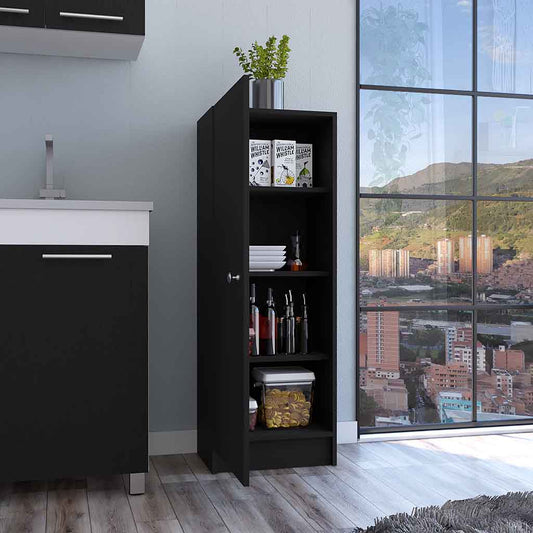 Black narrow kitchen storage cabinet with open door holding pantry items