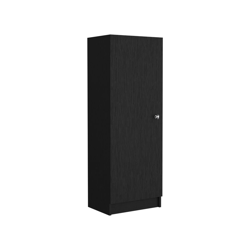 Tall black wooden storage cabinet with a brushed nickel handle