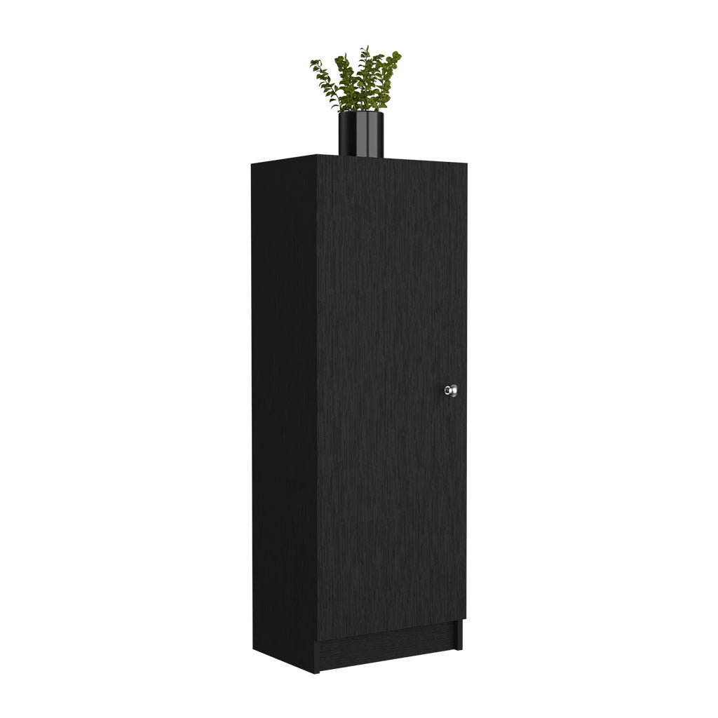 Sleek black tall cabinet with a single door and a modern silver handle featuring a wood grain texture