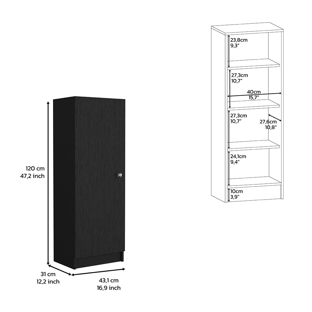 Black tall cabinet with one door and textured wood finish