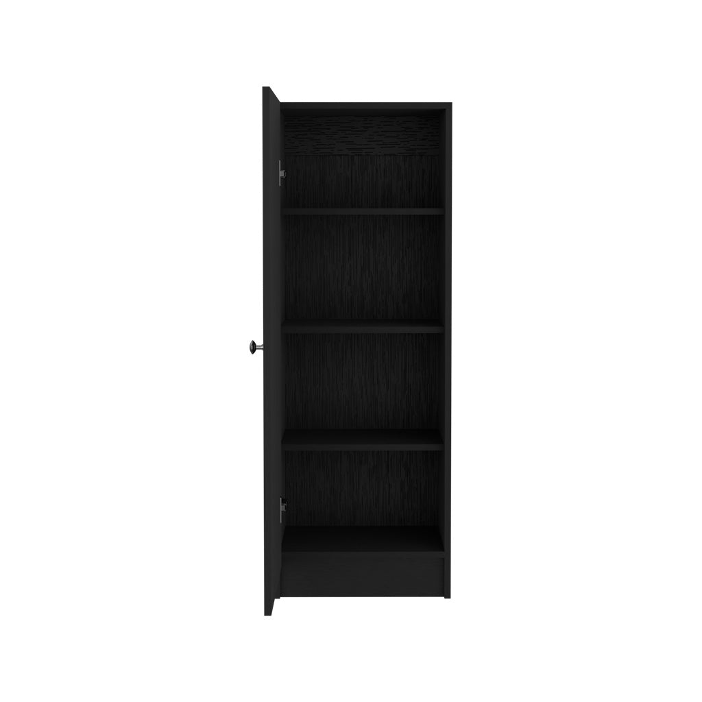 Black modern bookshelf with open door and four adjustable shelves