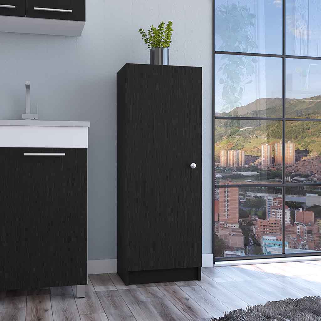 Tall black cabinet with wood grain finish and silver handle ideal for home storage