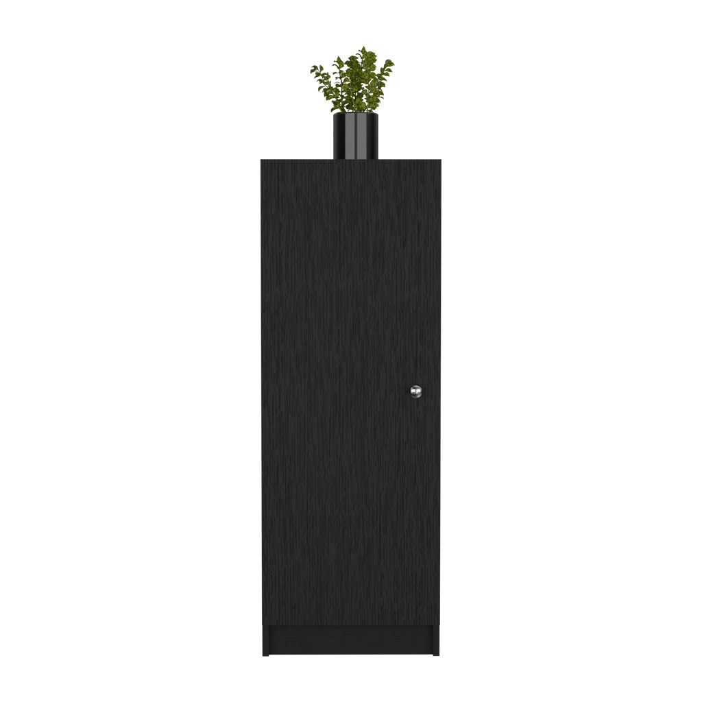 Tall black storage cabinet with wood grain texture and silver knob topped with a potted plant