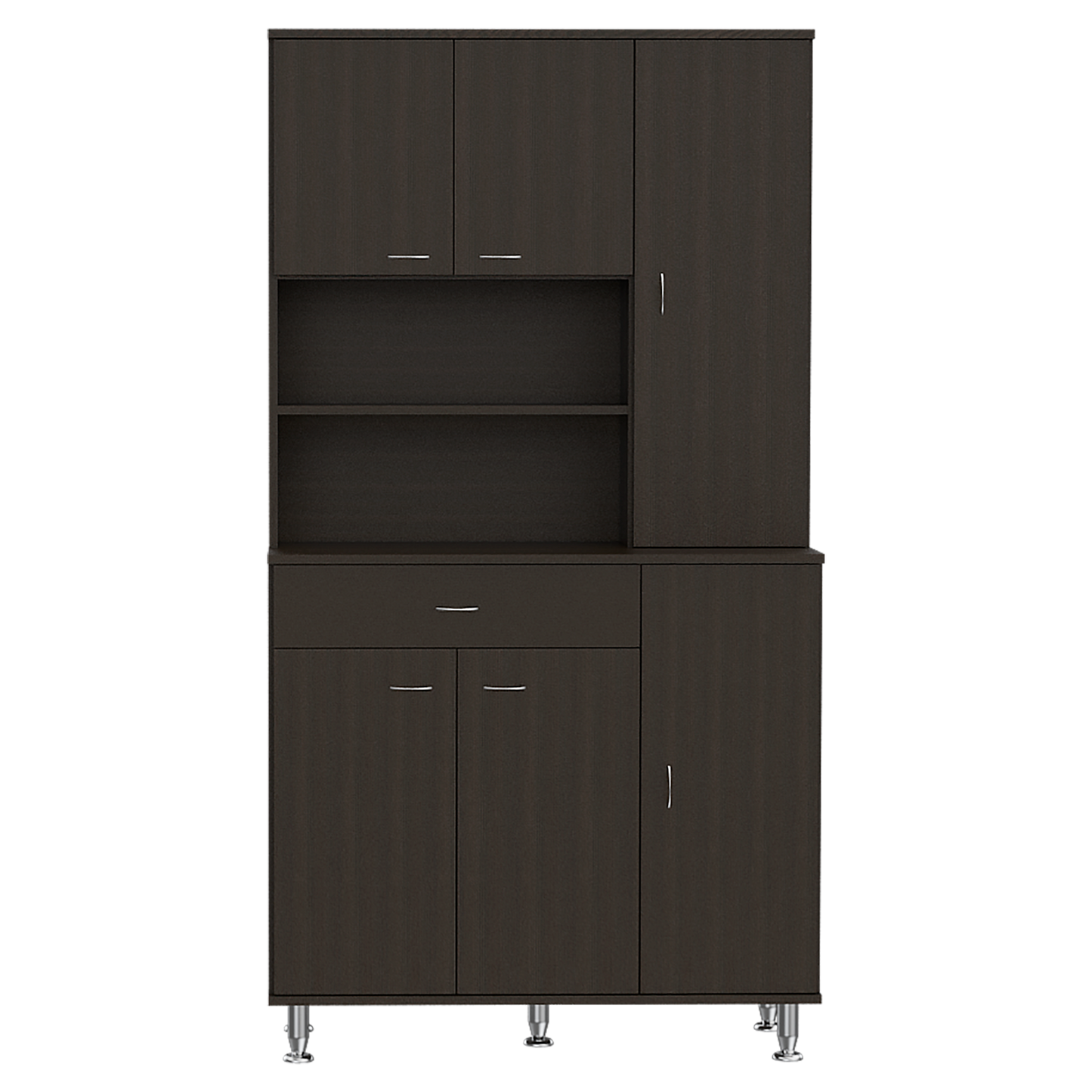 Dark brown laminate storage cabinet with multiple shelves and doors