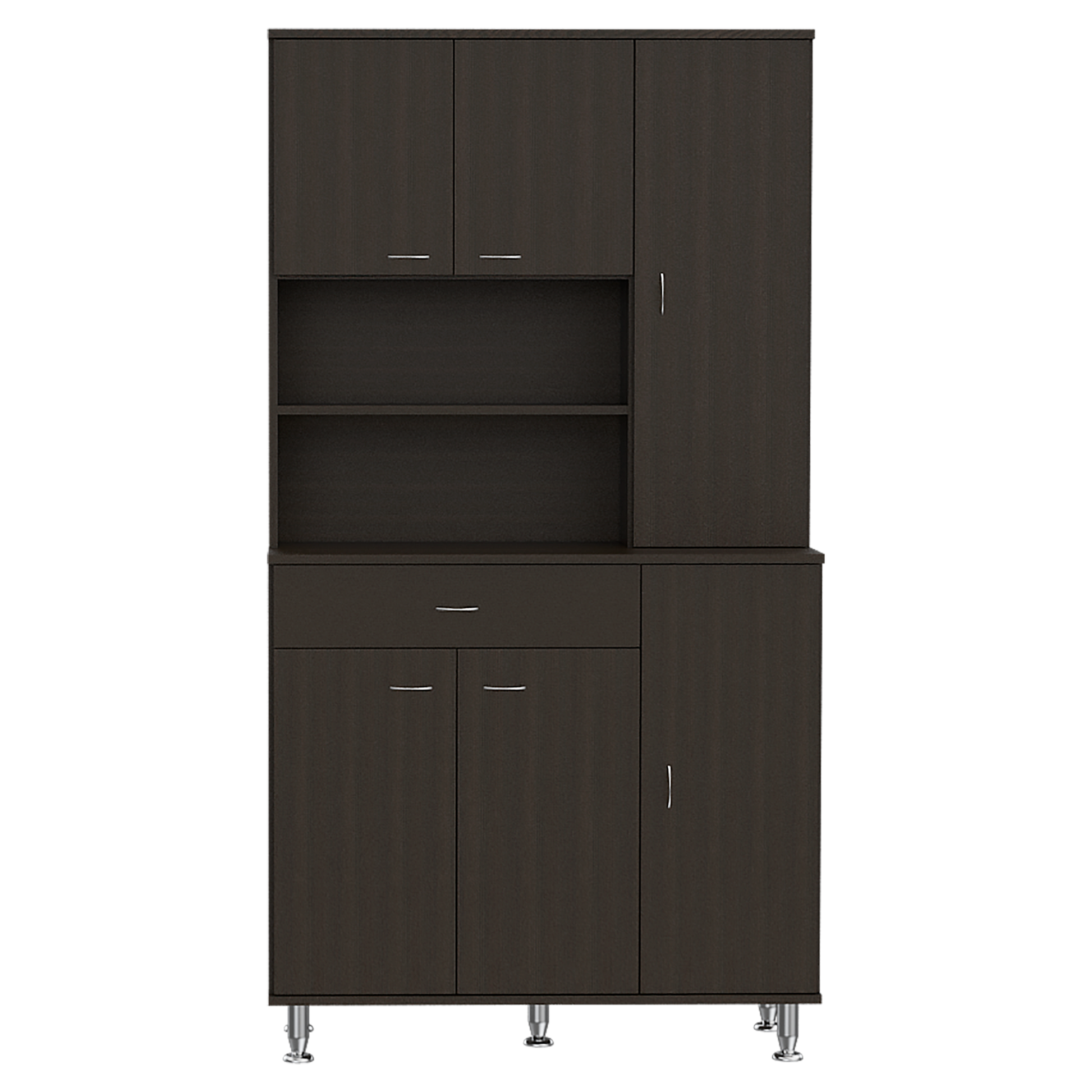 Dark brown laminate storage cabinet with multiple shelves and doors