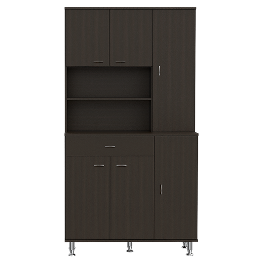 Dark brown laminate storage cabinet with multiple shelves and doors