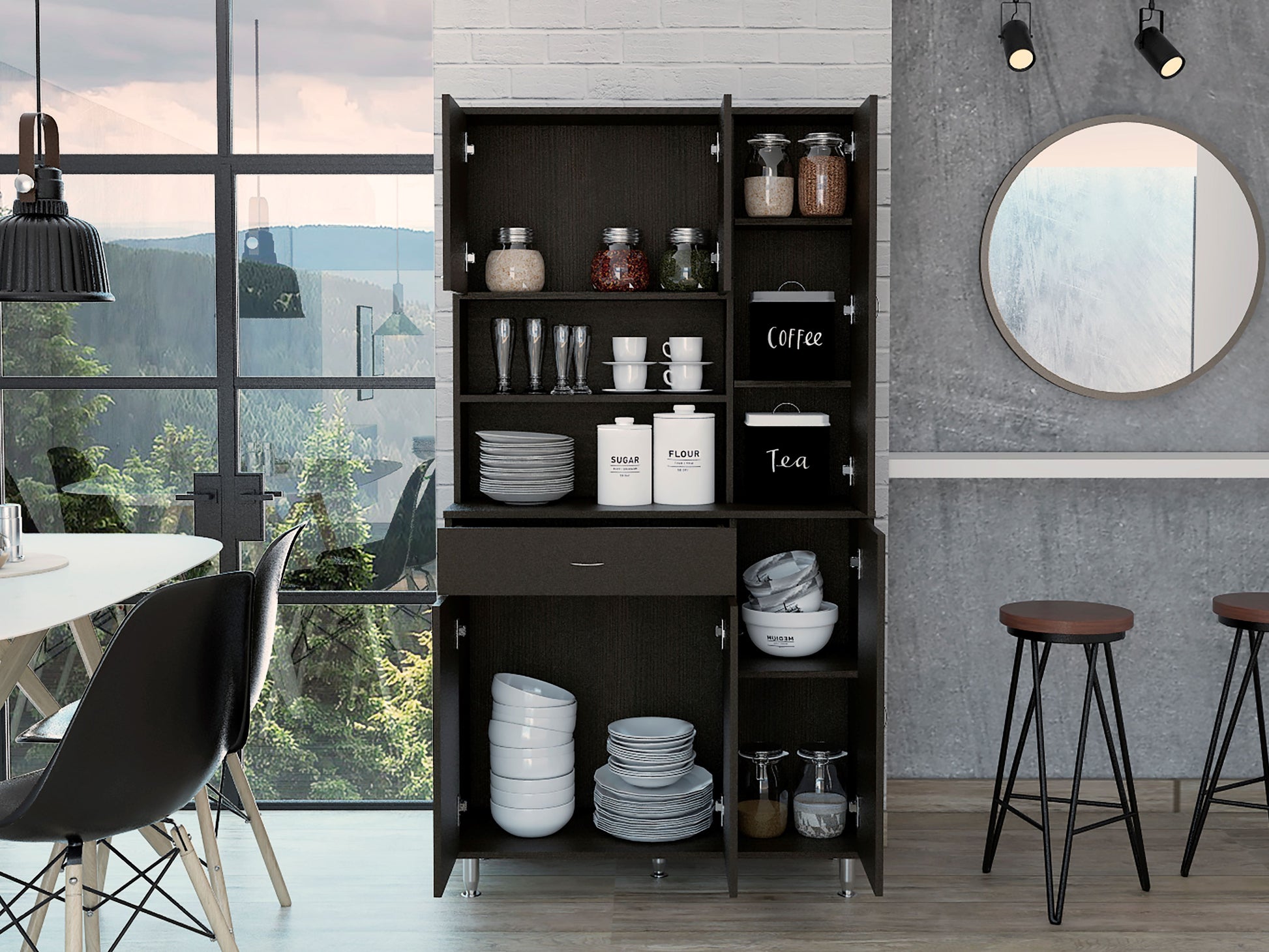 Dark wood kitchen pantry with glass doors showcasing canisters and dishware for organized storage